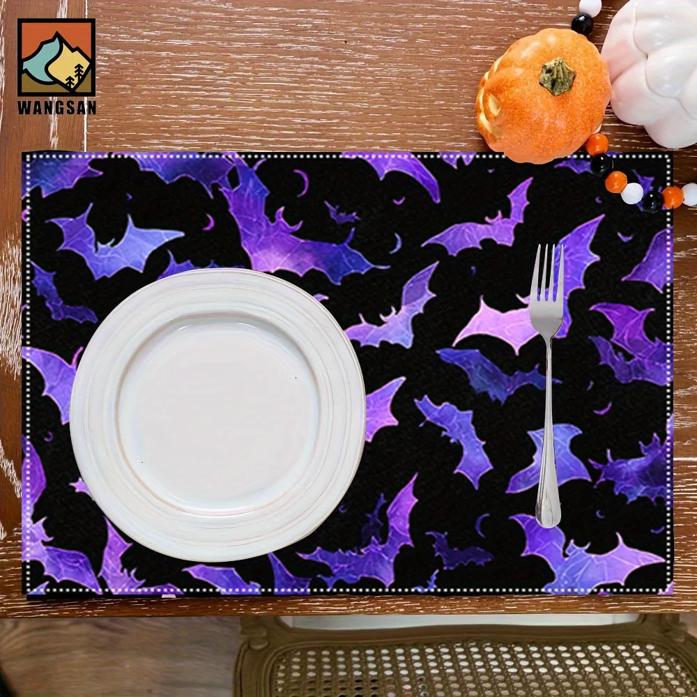 Halloween Bat Pattern Placemats - Purple & Black Rectangular  Polyester Heat-Resistant Table Protectors For Din