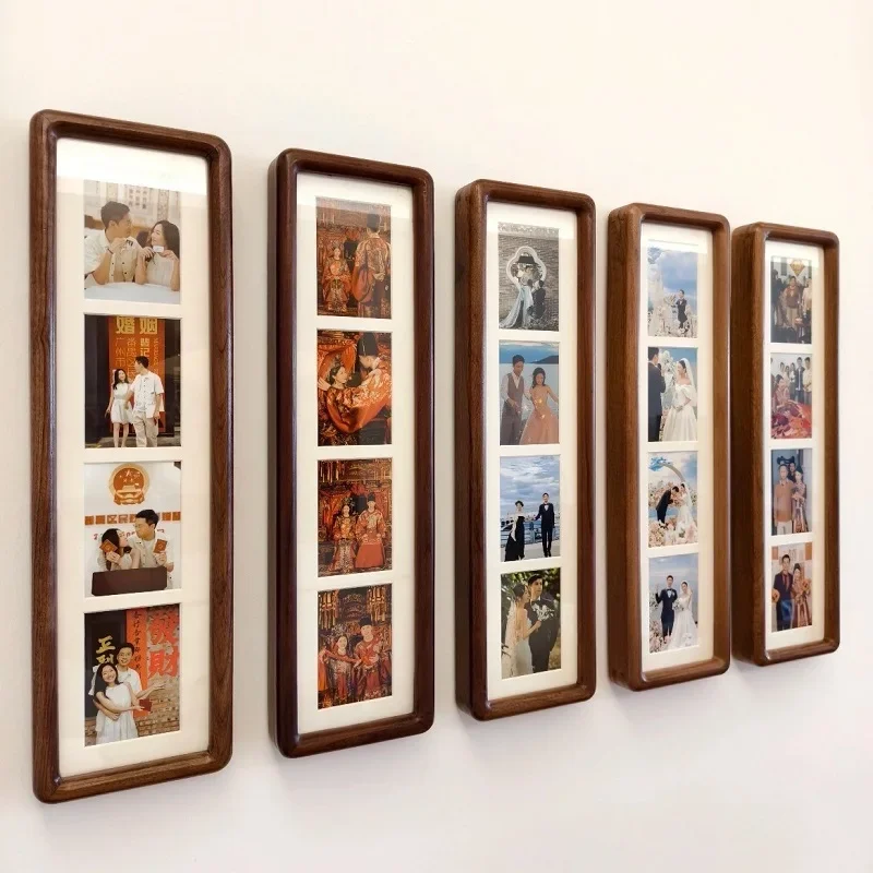 Long Solid Wood Photo Frame Creative Multi-Grid Three-Panel Wedding Couple Picture Frame for Tabletop or Wall Display Home Décor