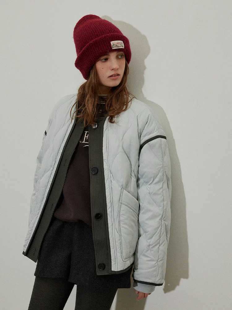 

Lofi Choose Women's down Jacket Duck down Loose Fit Winter Coat Color Block Diamond Pattern Versatile Outerwear Long Sleeve