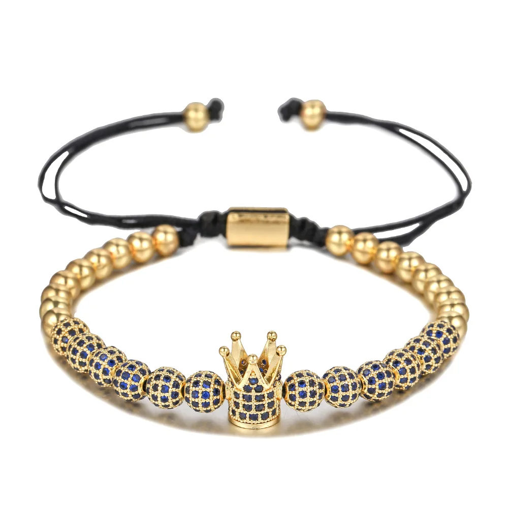 

European American New Color Zircon Crown Adjustable 6mm Bracelet Copper Ball Woven Jewelry Holiday Gift
