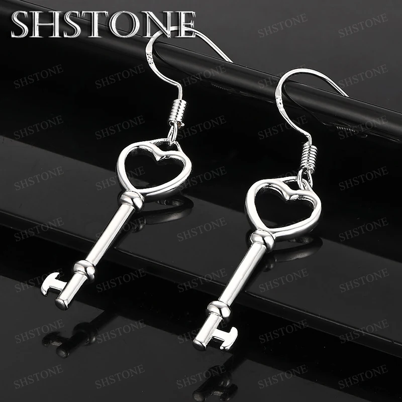 

Fine 925 Sterling Silver Drop Earring For Woman Birthday Party Fashion Wedding Jewelry Gift Accessories Heart Shaped Key Earring