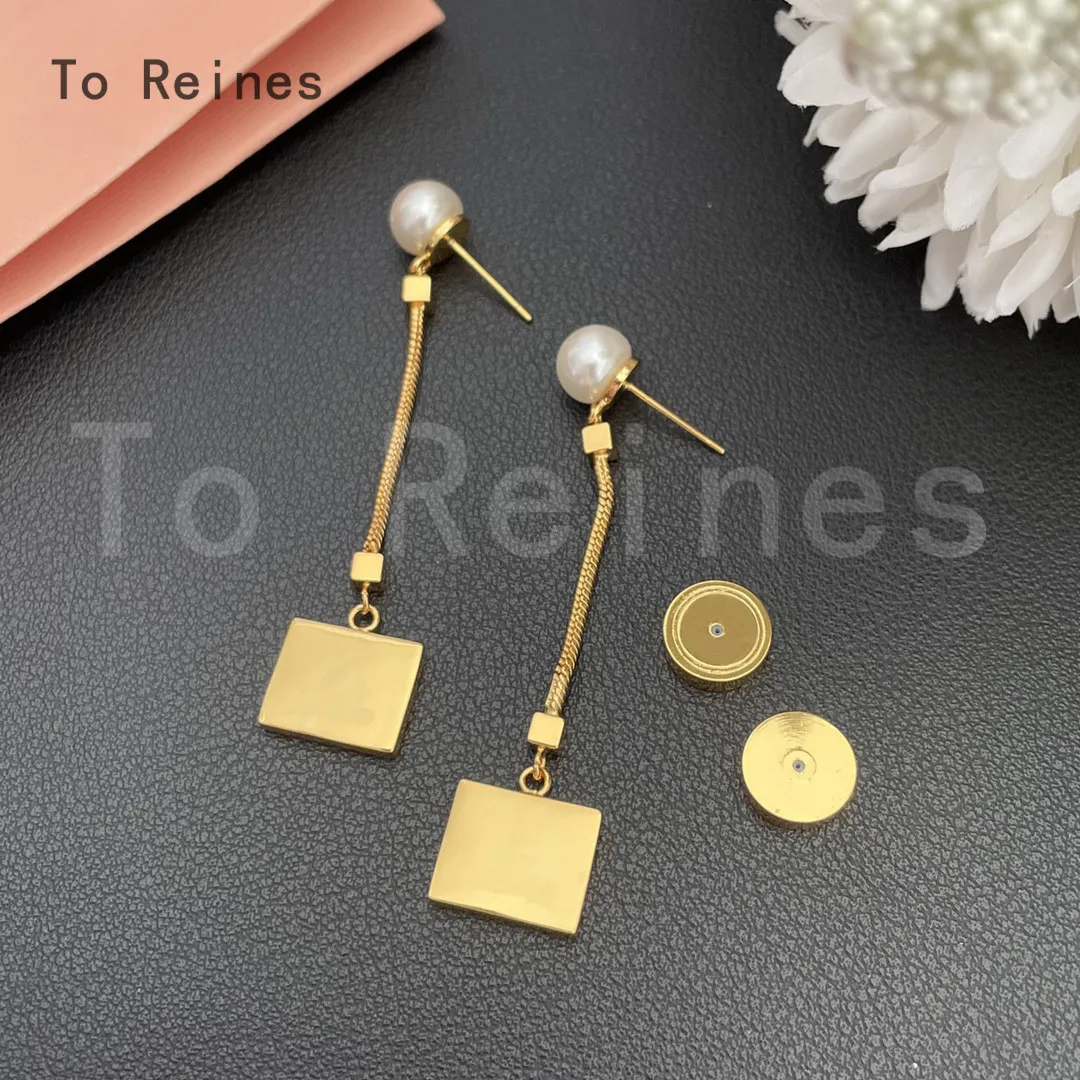 To Reines Square Pearl Long Earrings 18K Gold Plated Geometric Vintage Pendant Elegant Tassel Wedding Earrings Dangle Jewelry