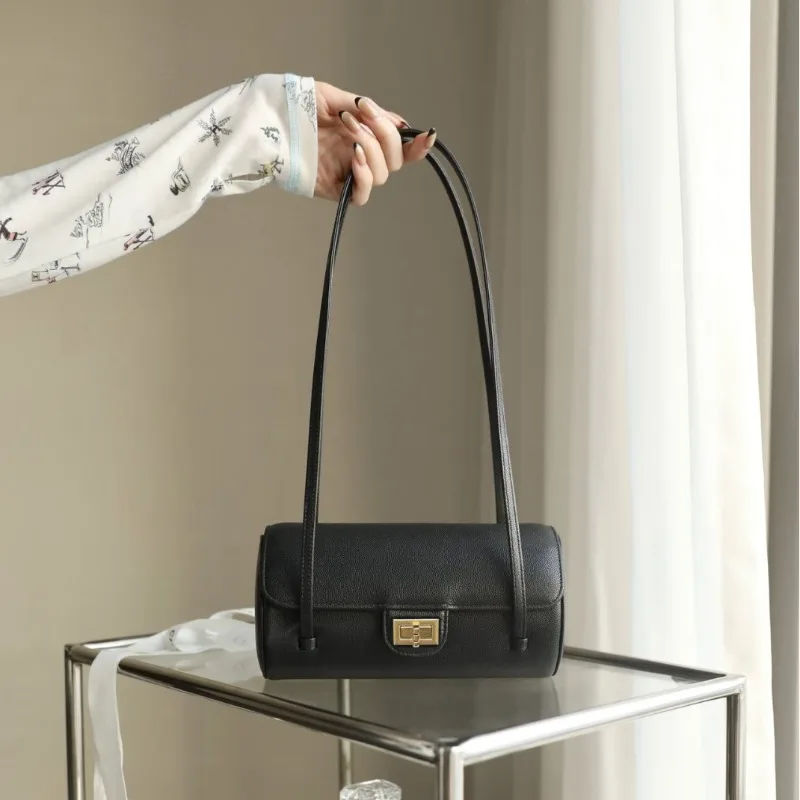 

Genuine Leather Cylinder Bowling Bag for Women Flap with Metal Buckle Long Handle Versatile Underarm Shoulder Bag