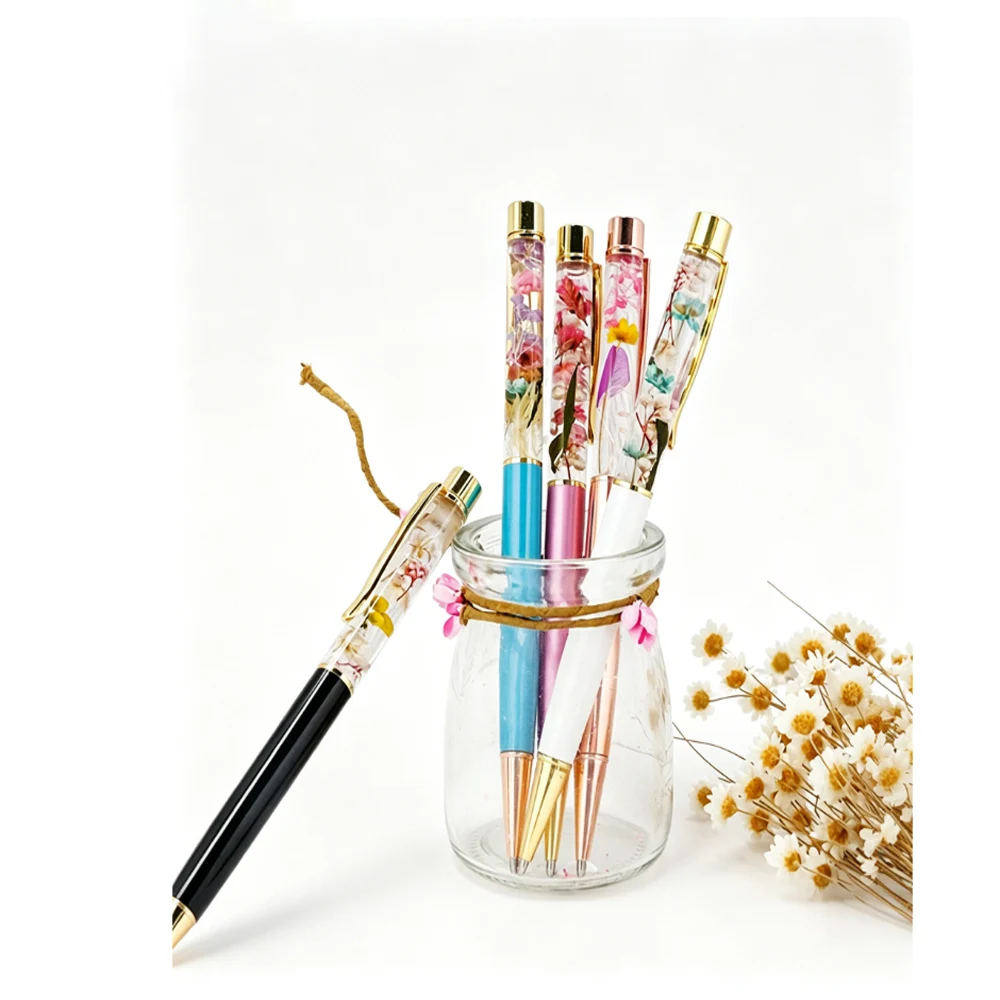 2P Personalized Laser Engraving DIY Flower Pen Elegant Liquid Oil Filled Metal Ballpoint Pen for Office & Wedding Gifts Logo pen