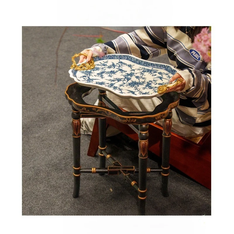 Light luxury high-end ceramic inlaid copper hand-painted blue and white few household living room study corner few tables tray 3
