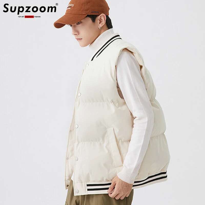 Supzoom-colete casual com gola de couro grande, colete de algodão grosso quente, top fashion, nova chegada, outono e inverno, 2023