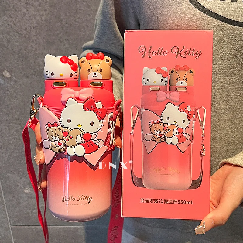 Cartoon Sanrio Hello Kittys Thermos Cup Animation Peripheral KT Double Drinking Straw Cup Girl Portable Hangyodon Doll Water Cup