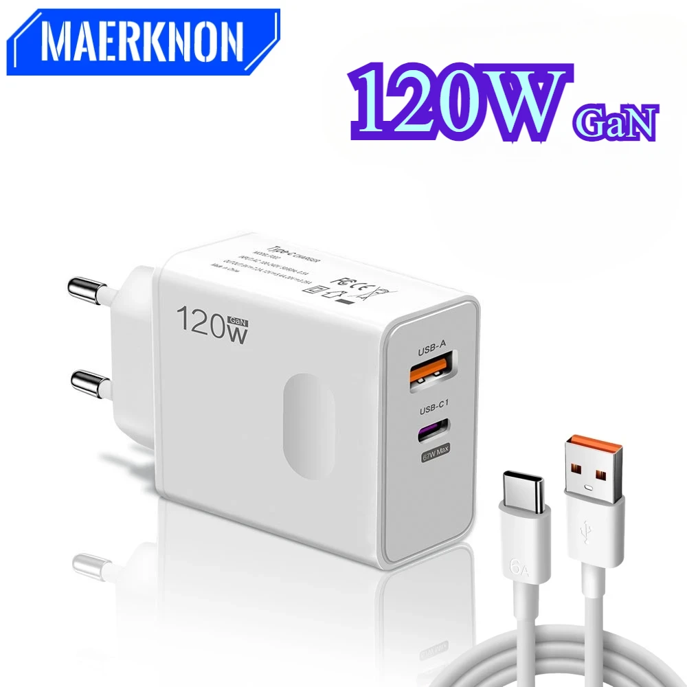 USB GaN Charger Total 120W Fast Charging PD Mobile Phone Quick Charge Wall Adapter 6A Type C Cable for IPhone 15 Xiaomi Samsung