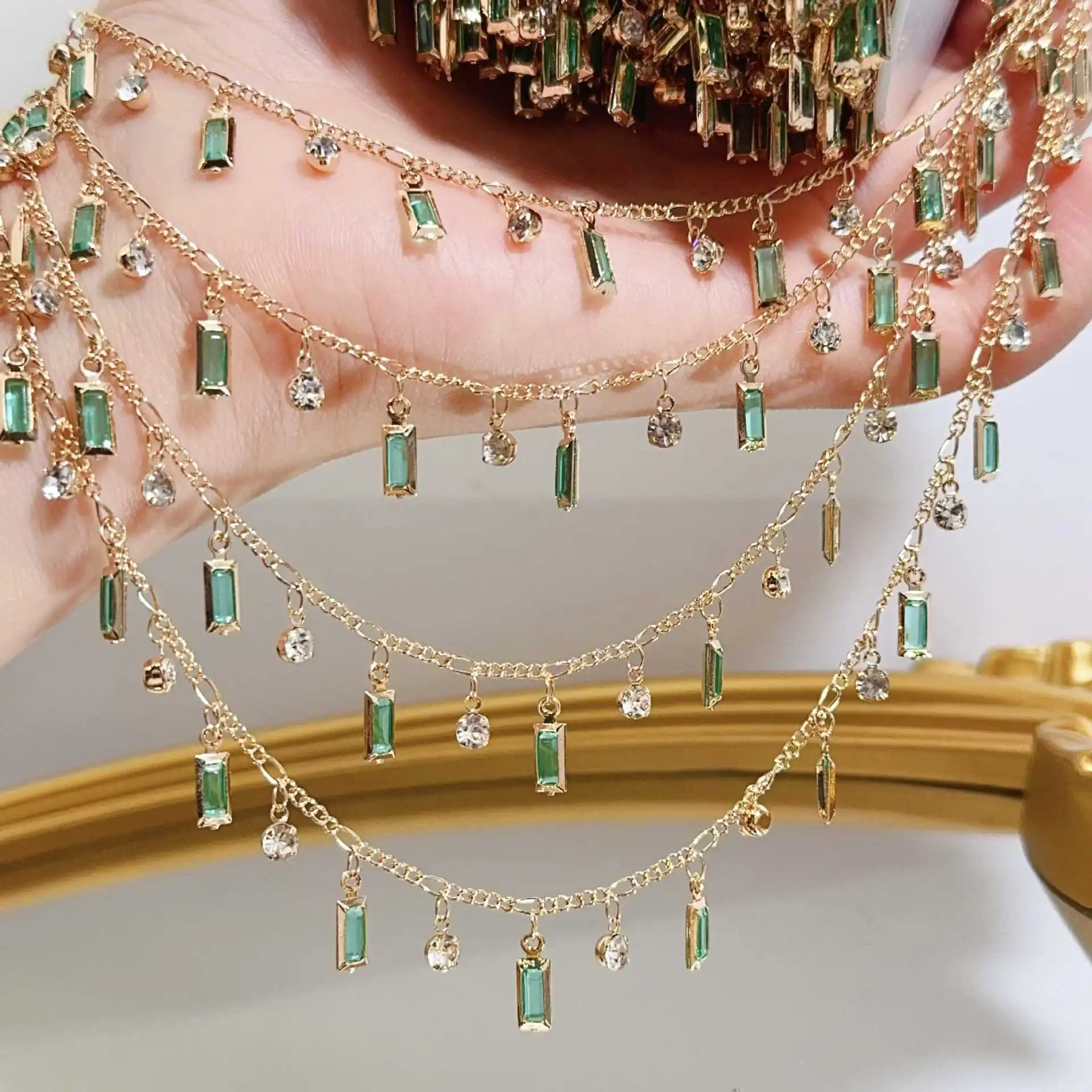 1 Meter Mint Green Rectangular Rhinestone Pendant Copper Chain for DIY Necklace Bracelet Sweater Chain Jewelry Making