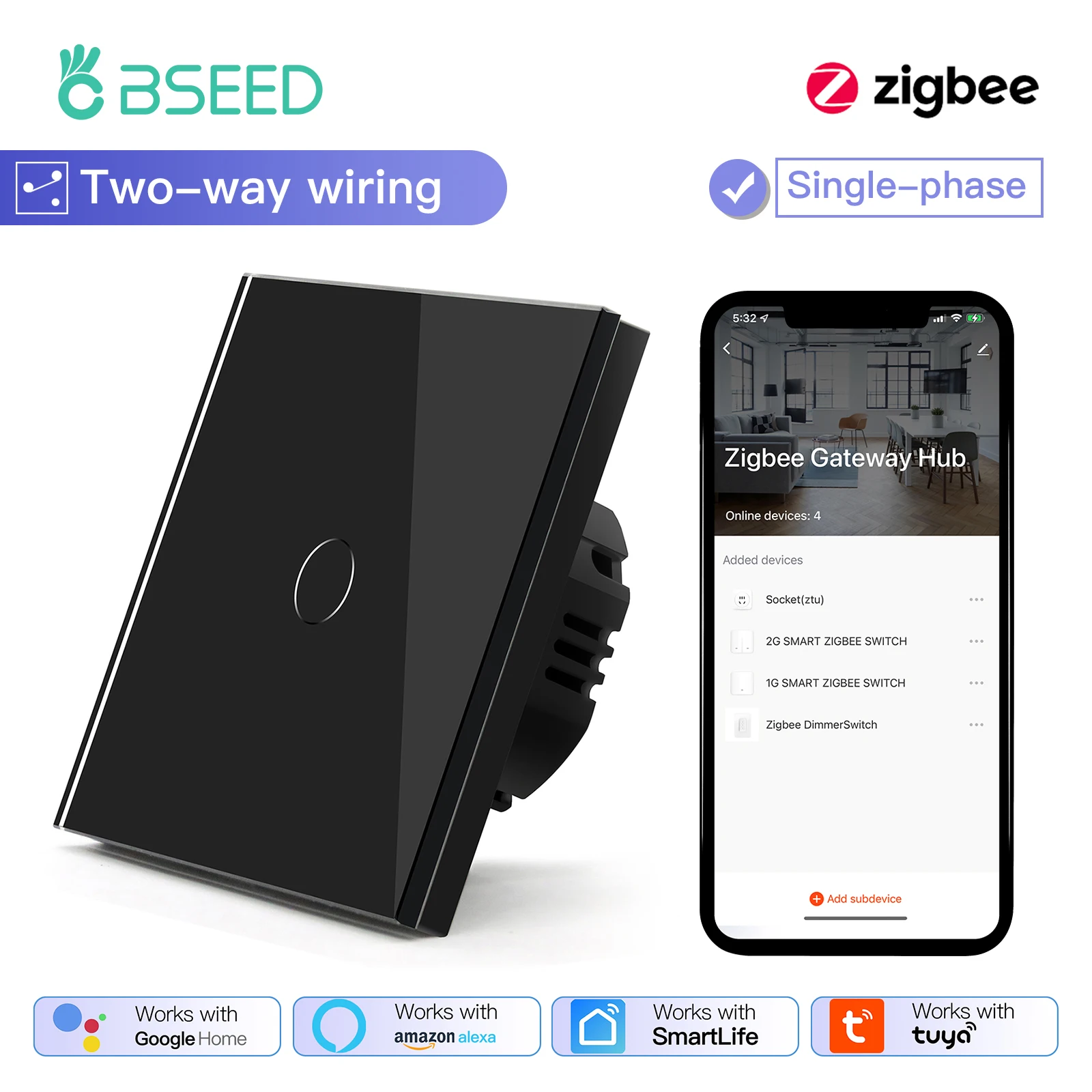 BSEED 1/2/3Gang Smart Zigbee Touch Light Switch 2-Way Control Compatible with Alexa/Google Home No Neutral Wire Touch Switch image 3