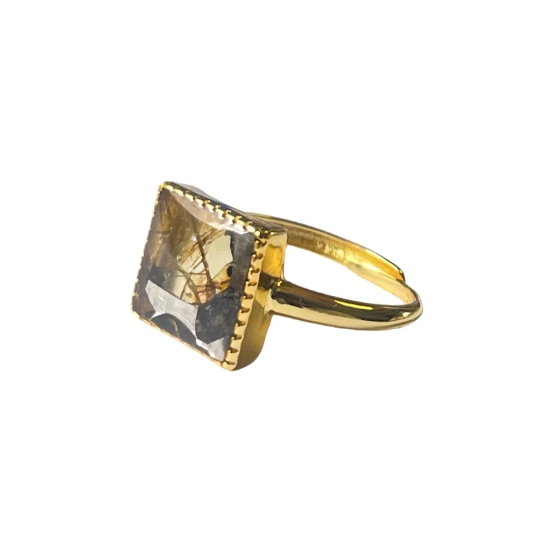 2.1g Natural Seymchan Pallasite Meteorite Finger Ring Rectangle Slice Adjustable Alloy Band Mineral Specimen Jewelry - LB182