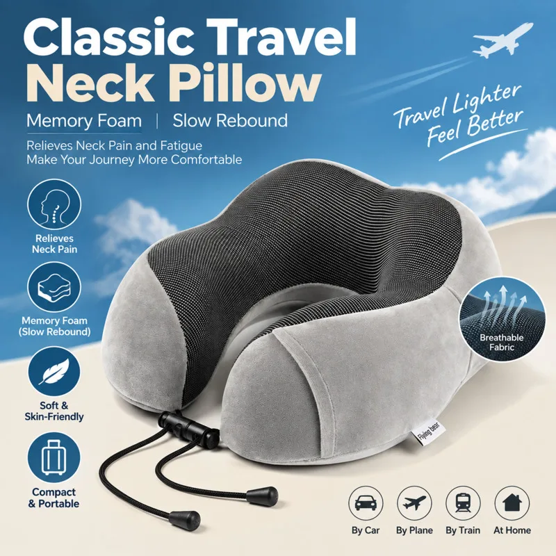 Memory Foam Neck Pillow Travel, Portable U Shape Cervical Support, Slow Rebound Airplane Office Nap, Cushion Car Headrest Gift