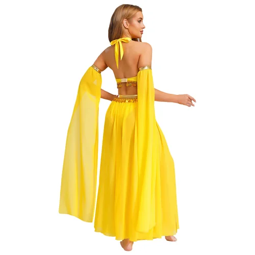 Imagen 2 del producto Traje de danza del vientre gitana india Oriental árabe para mujer, Top corto con dobladillo de lentejuelas frontal egipcio de Roma y falda de gasa con abertura lateral