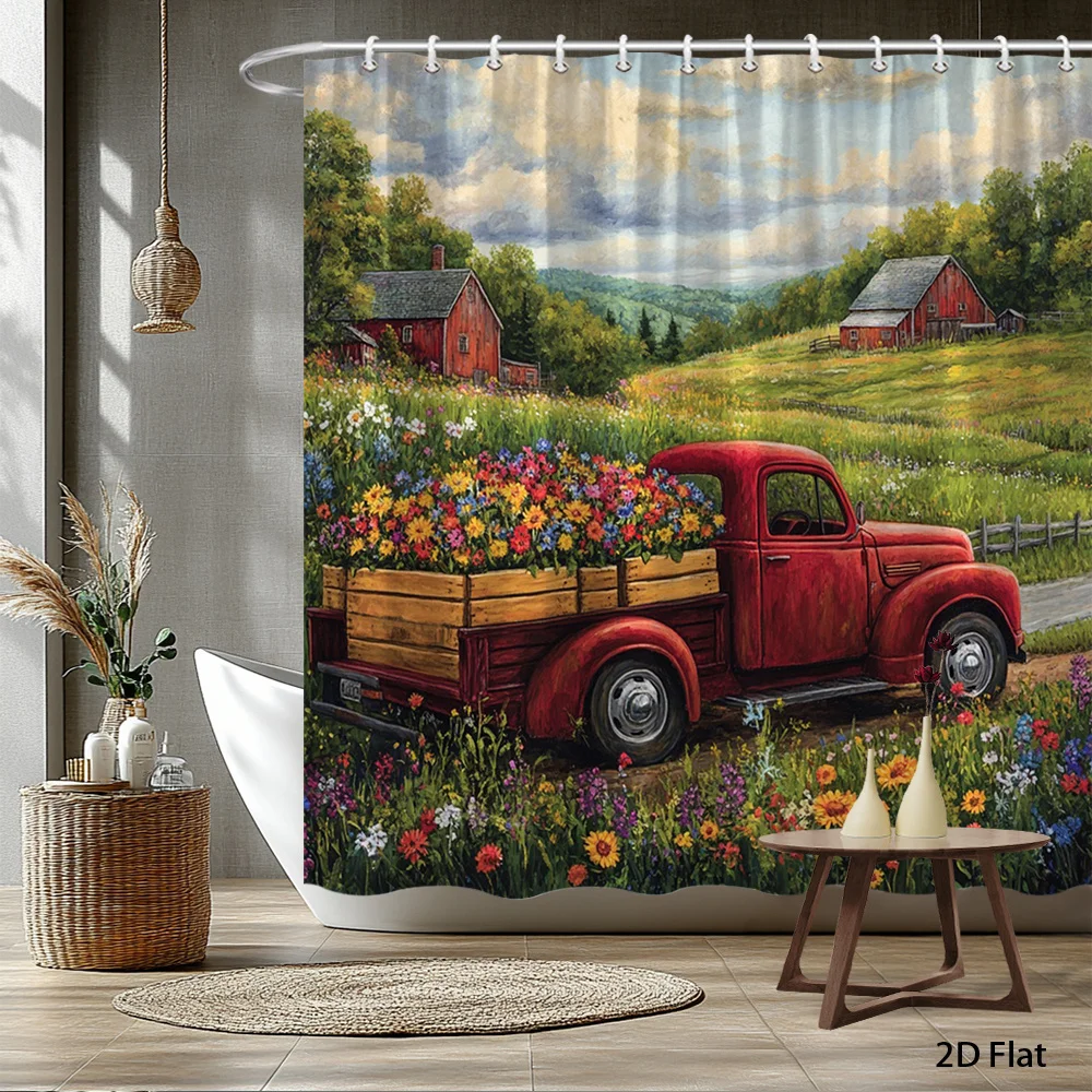 Rustic Country Farm Vintage Floral Truck Shower Curtain Waterproof Bathroom Decor Cottage Style Curtain 180x180cm Window Panel
