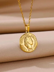 Vintage Elizabeth Portrait Coin Pendant Necklaces For Women Men Gold Color Stainless Steel Goddess Medal Fashion Jewelry