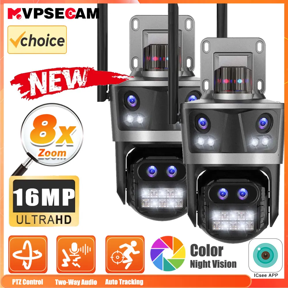 8K 16MP WiFi Surveillance Camera Outdoor Four Lens 8X Zoom PTZ Security Camera Auto Tracking Wireless CCTV Video Camera ICsee