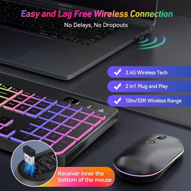 

Беспроводной комплект клавиатура+мышь 2.4G с RGB-подсветкой, перезаряжаемый, полноразмерный, эргономичный, с зарядкой через USB-C