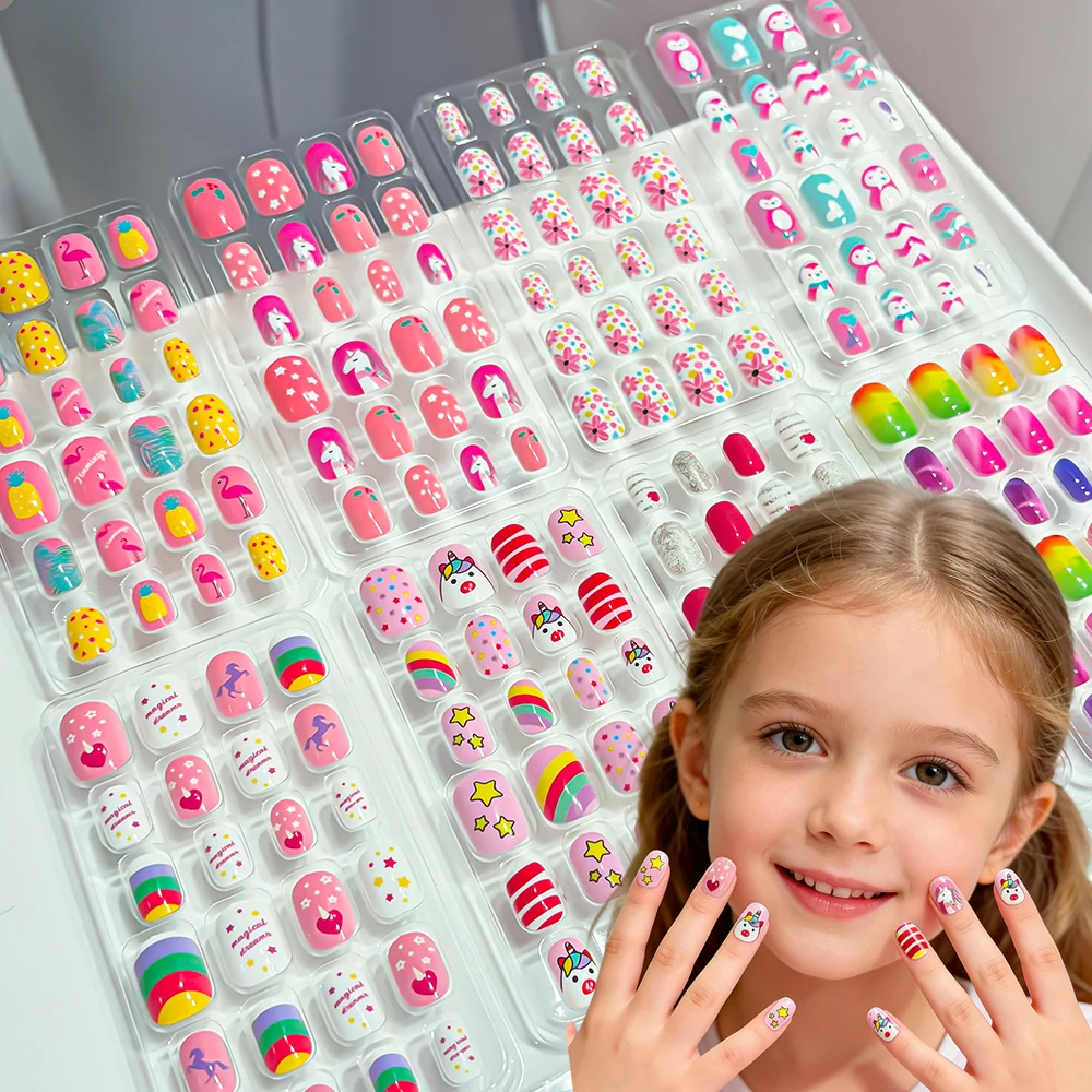 

192pcs Cute Kids Cartoon Press on Nails 8-Styles Short Square Children Acrylic False Nails Full Cover Wearable Girls Fake Nails#