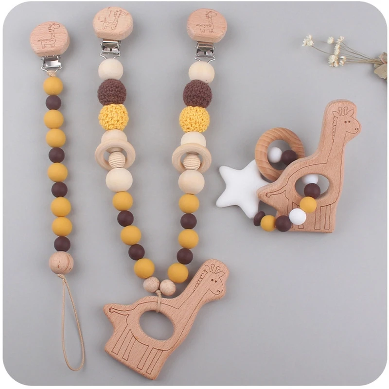 New 3 Pcs/Set Baby Stroller Pendants Pacifier Chain Pram Clip with Silicone Beads Infants Wooden Teether Bracelet Rattle