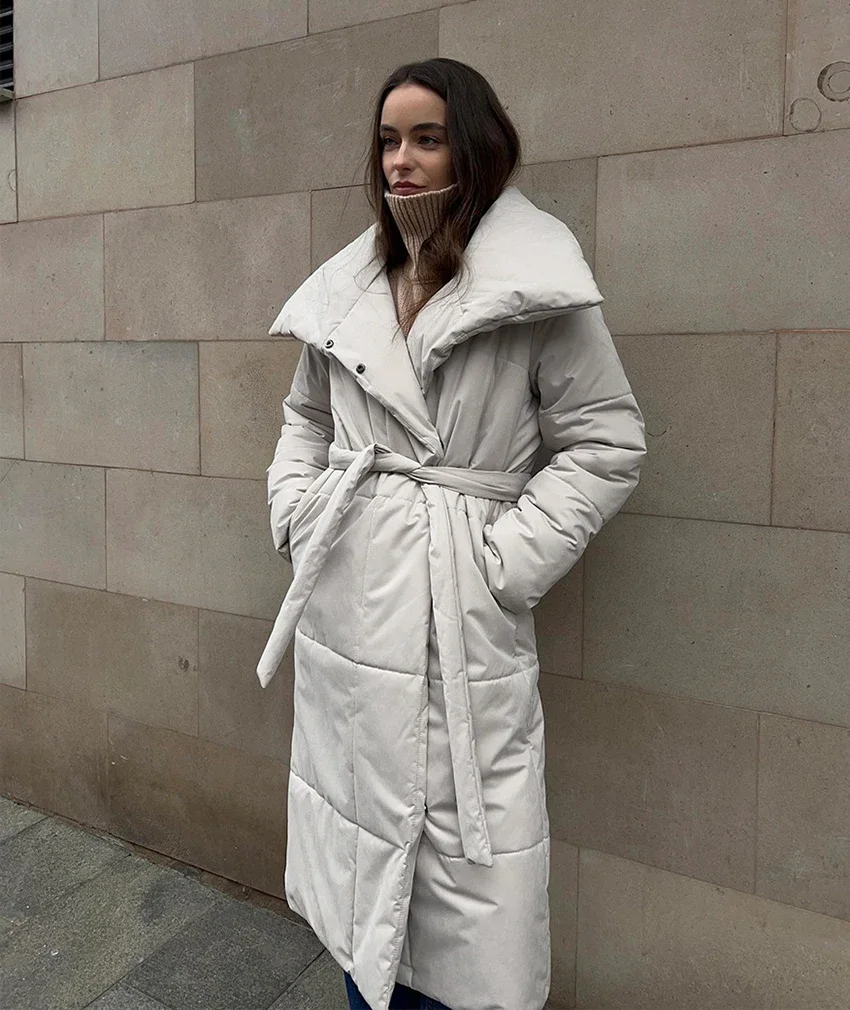 

Elegant Winter Jacket for Women Parka Long Cotton-Padded Puffer Coat with Belt Stand Collar Warm Long Outerwear Chic Loose Coats