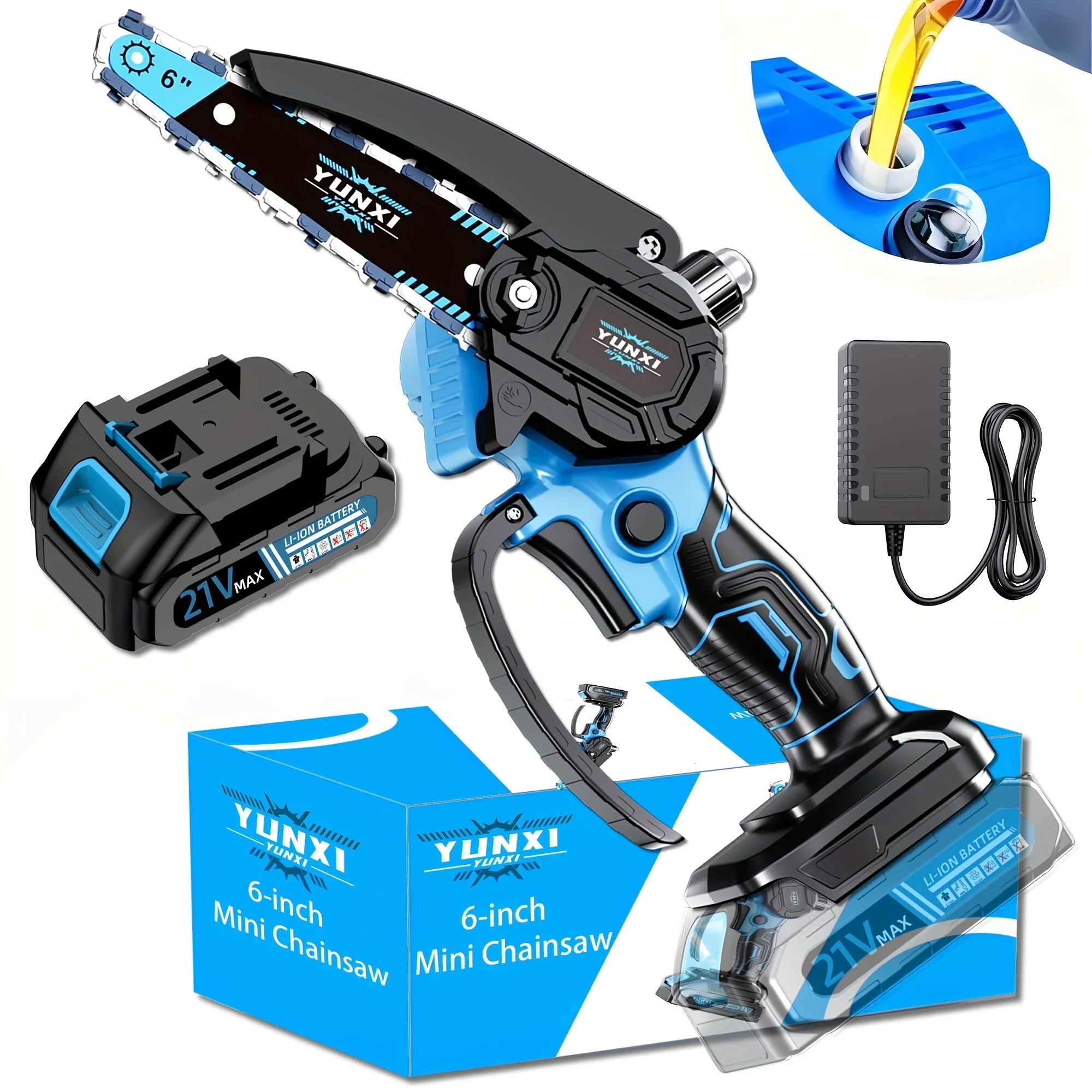 

The new wireless chainsaw 6-inch wireless mini chainsaw handheld chainsaw is equipped with a rechargeable battery, splash guard,