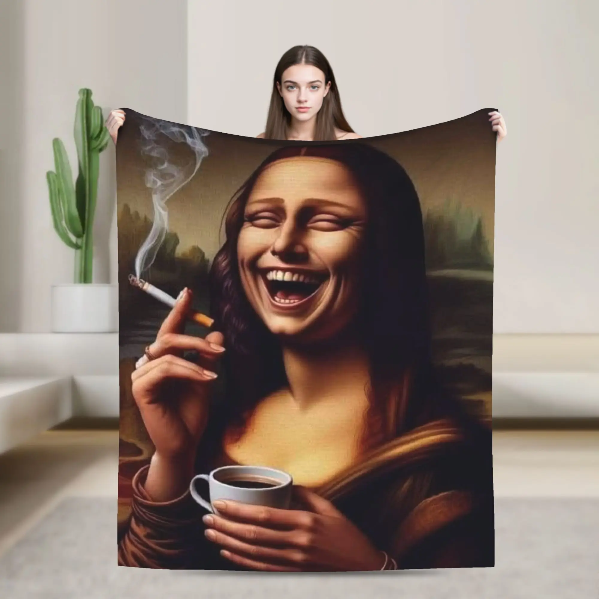 Funny Smoking Coffee Mona Lisa Warm Soft Blanket For Sofa Home  Novelty Throw Blanket Spring Travel Office Flannel Bedspread