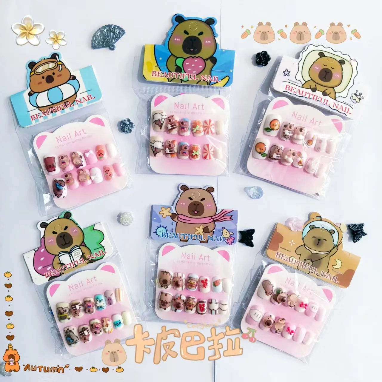 

Cartoon Kids Nail Stickers Cute Capybara Self-Adhesive Nail Patches Accessories for Girls Toy Gift 6pcs
