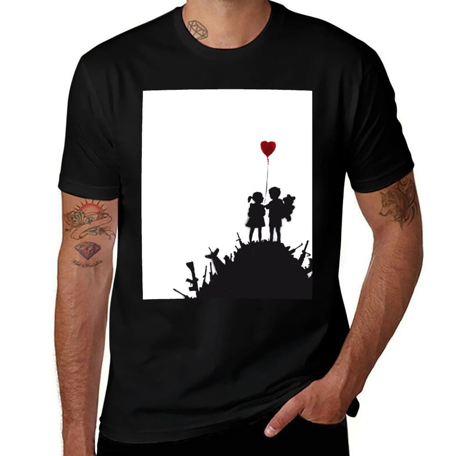 Banksy graffiti children boy and girl with heart balloon on a pile of weapons Art for Kids, just a platform HD T-Shirt