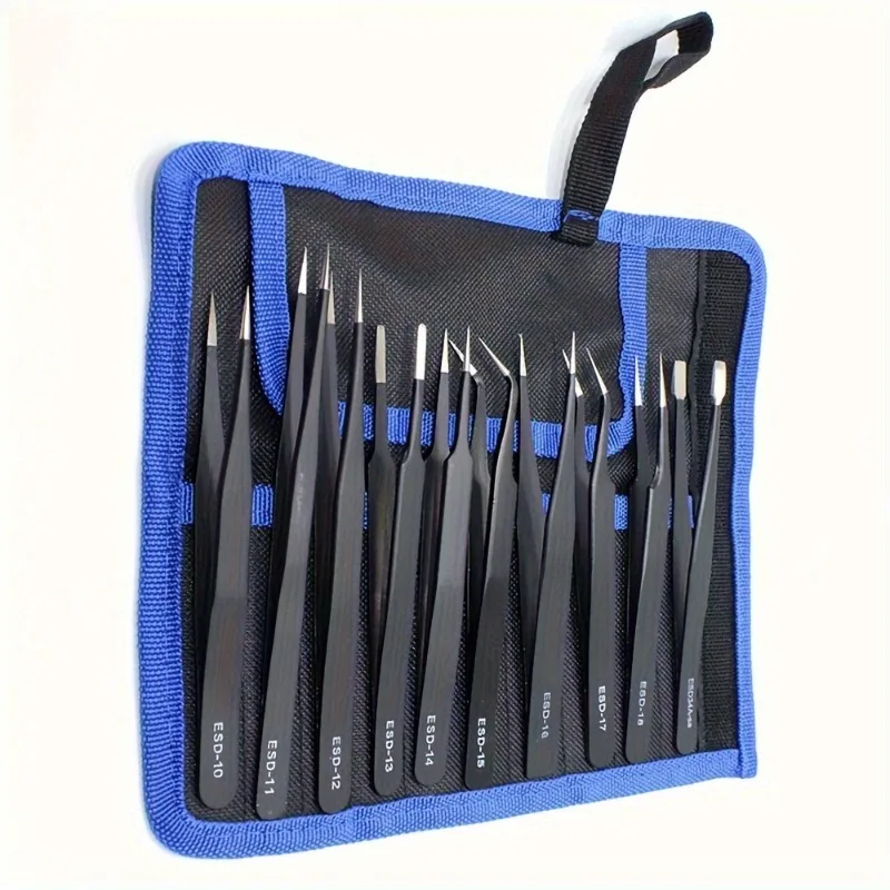 1 set borsa di tela copertura in pelle pinzette nere in acciaio inossidabile set antistatico precisione a punta riparazione innesto chiodo da 1,5 mm