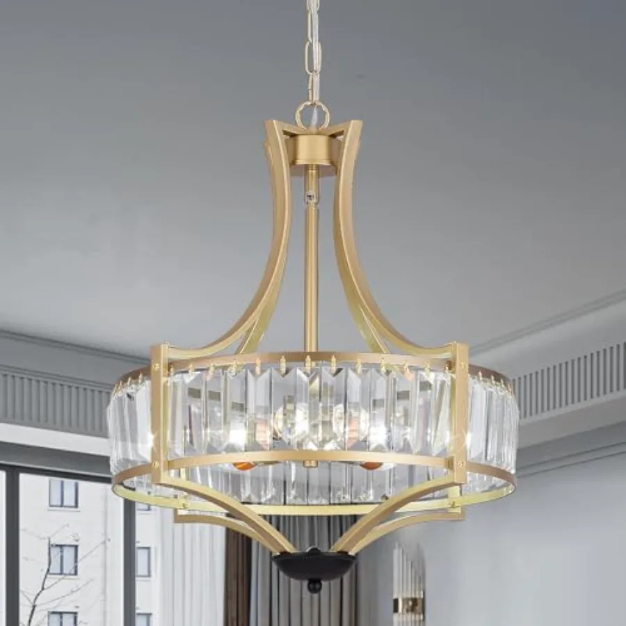 

5-Light Crystal Chandelier Ceiling Light Fixture with Adjustable Height, Gold Drum Pendant Light for Dining Room Light Fixture,