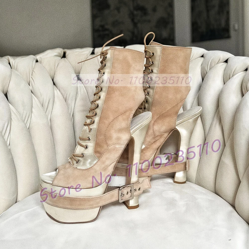 

Nude Suede Platform Ankle Boots Female Chic Party Buckle Strap Peep Toe High Heels Shoes Bare Heel Cross Tied Patchwork Boots