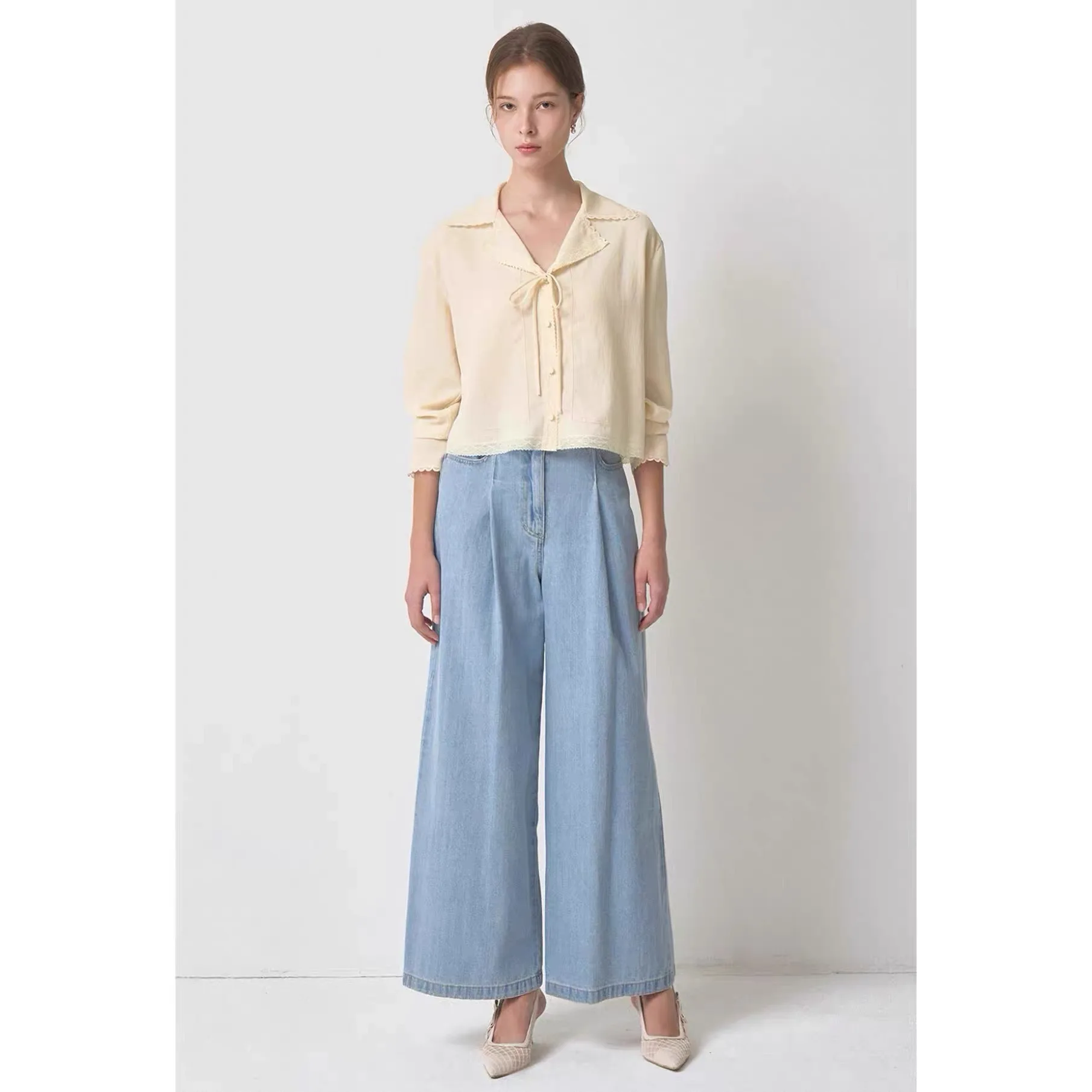 

Elegant Lemon Cheese Spring Outerwear Loose Long Sleeve Collar Lace Trim Versatile Shirt Style Commute Fashion Women's Coat