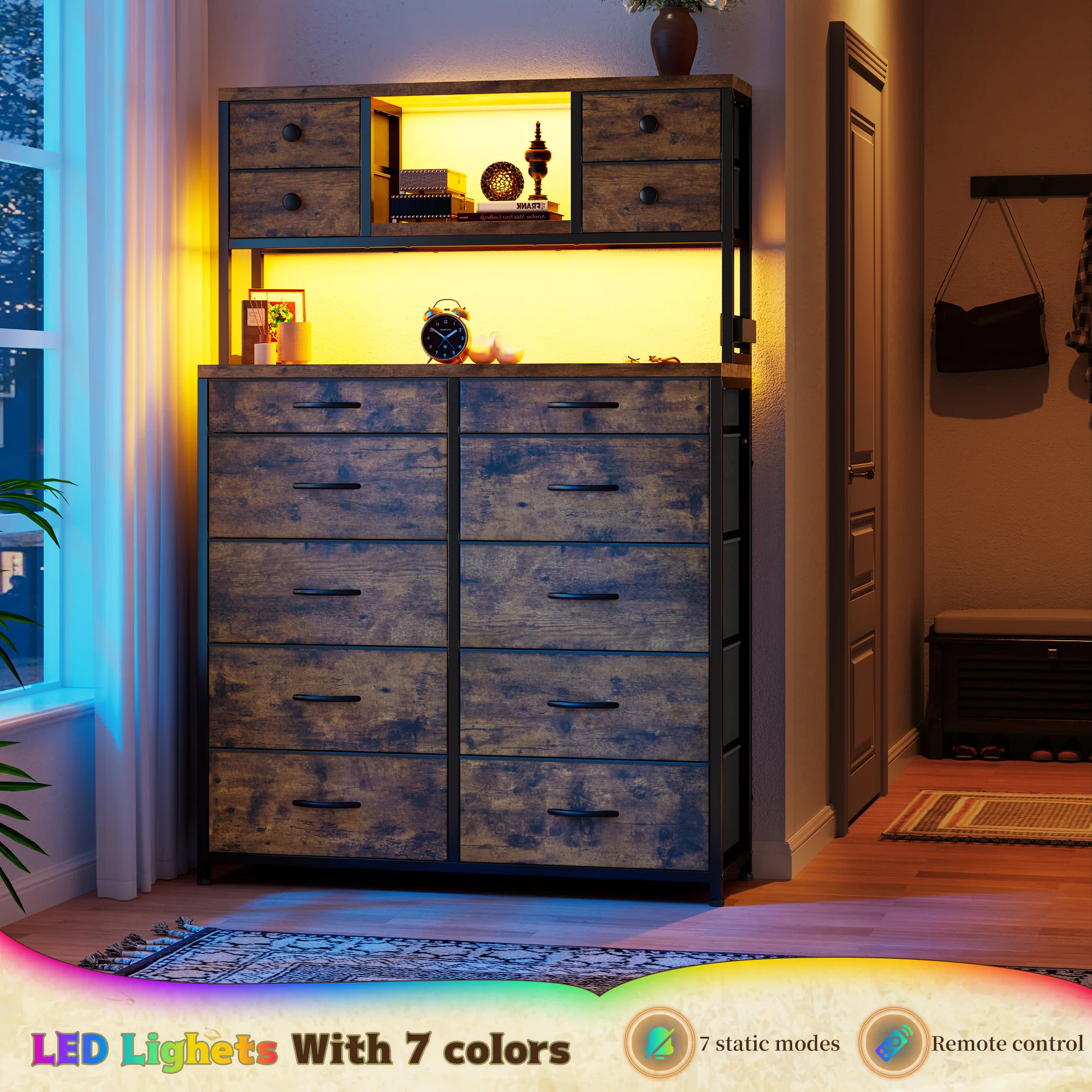 59" Tall Dresser for Bedroom with 14 Fabric Drawers Black Dresser with Charging Station and LED Lights image 4