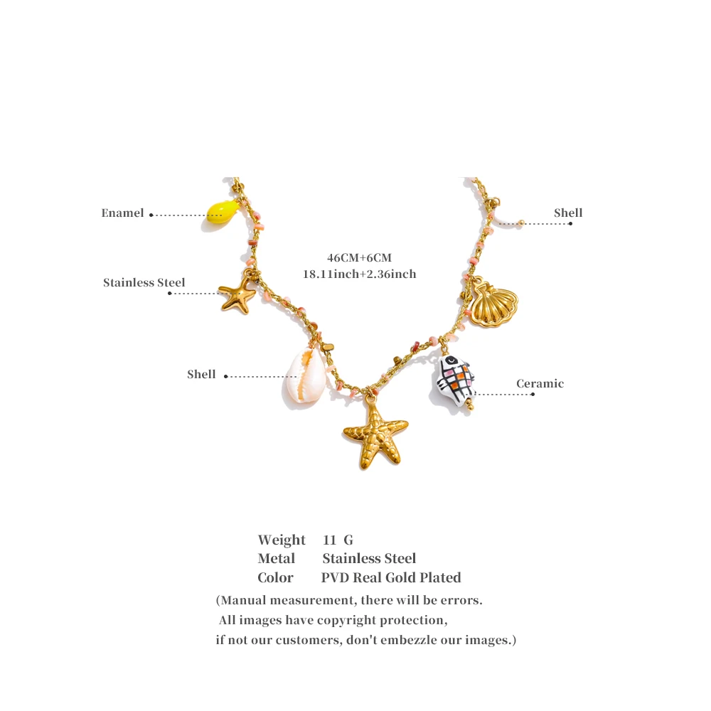 Yhpup Ozean Stil Keramik Fisch Seestern Shell Tropfen Halskette für Frauen Edelstahl Goldener Kragen Sommer Handgefertigter Schmuck – Detail 11