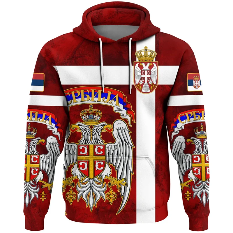 Serbia Flag Pattern Hoodies Fashion Casual Long Sleeve National Emblem 3D Printed Pullovers Mens Women Street Loose Sweatshirt