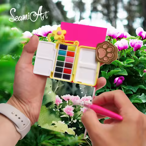 SeamiArt 12color Portable Travel Solid Watercolor SS25 Drawing Gift set with Storage Bag Painting Brush Palette Box Art Suppies
