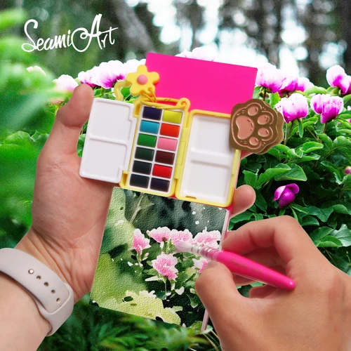 SeamiArt, juego de regalo de dibujo SS25 de acuarela sólida portátil de viaje de 12 colores con bolsa de almacenamiento, caja de paleta de pinceles de pintura, suministros de arte