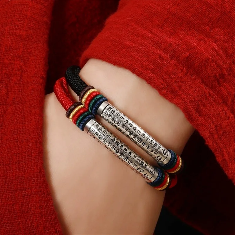 Fashion Prayer Wheel Bead Heart Sutra Bracelet Male Handmade Woven Rope Bracelet  925 Silver Women Jewelry Gift For Lover Amule