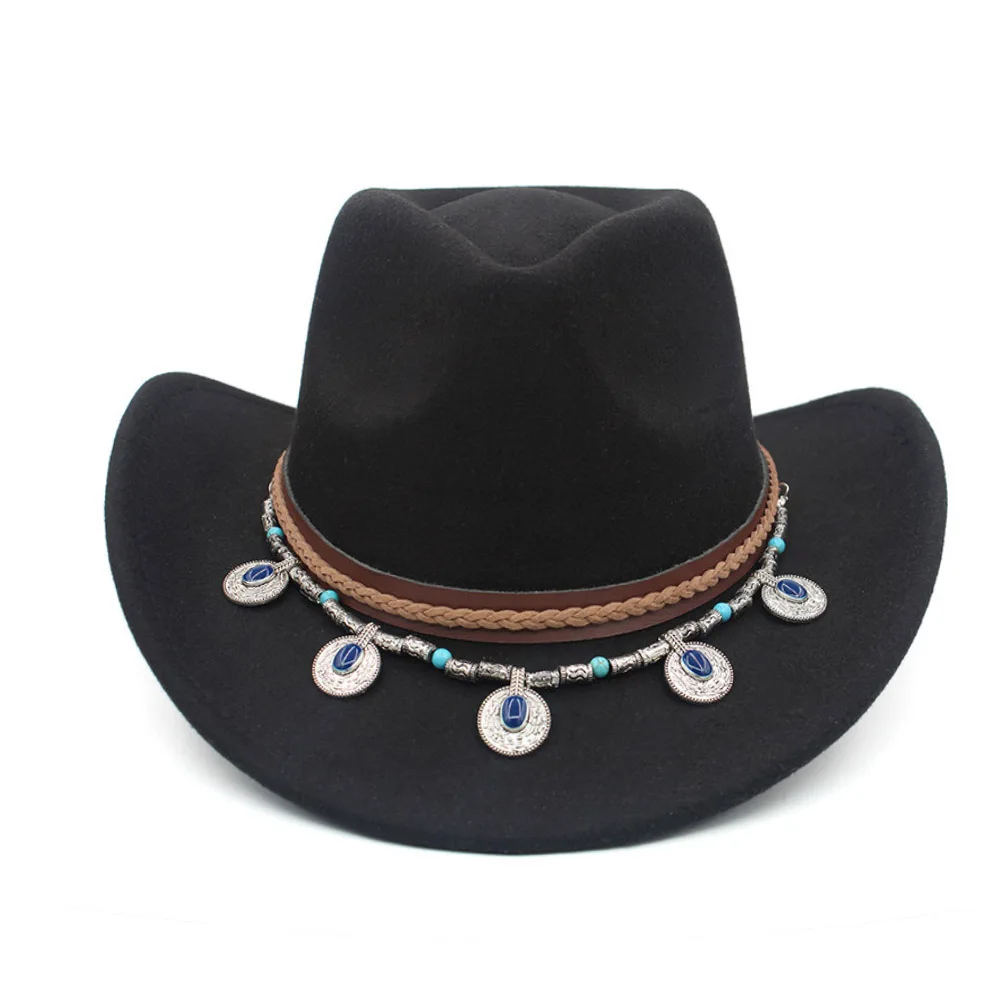 Vintage Black Felt Cowboy Hat Blue Stone Silver Coin Pendant Leather Band Boho Cowgirl Cap Wide Brim Western Rodeo Sombrero