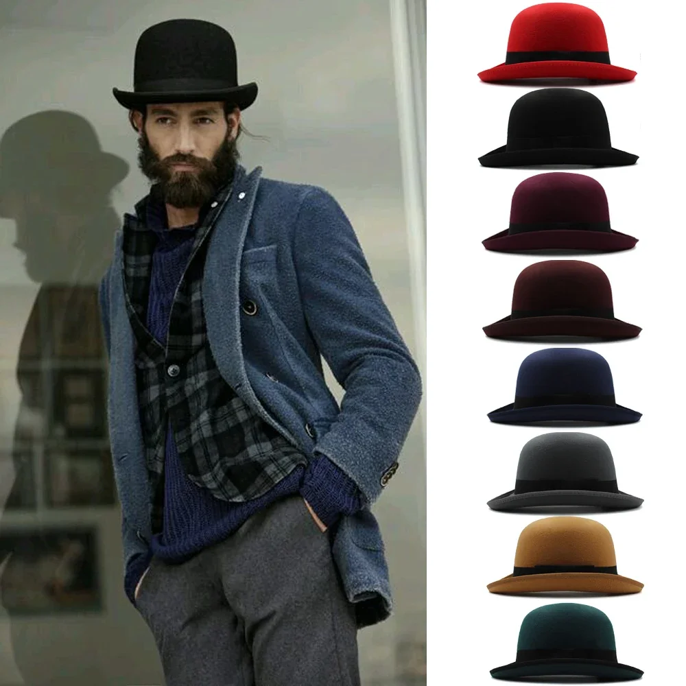 

Men Women Wool Blend Oval Top Bowler Hats Woolen Fedora Caps Trilby Classical Derby Sunhat Adjustable UK M-L US 7 1/8-7 3/8