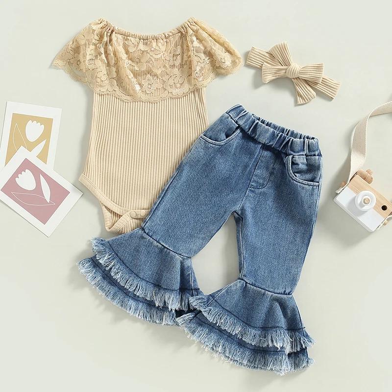 2023-01-07 Lioraitiin 0-24M Infant Baby Girls 3Pcs Summer Pants Set Sleeveless Lace Patchwork Romper with Tasseled Flare Pants