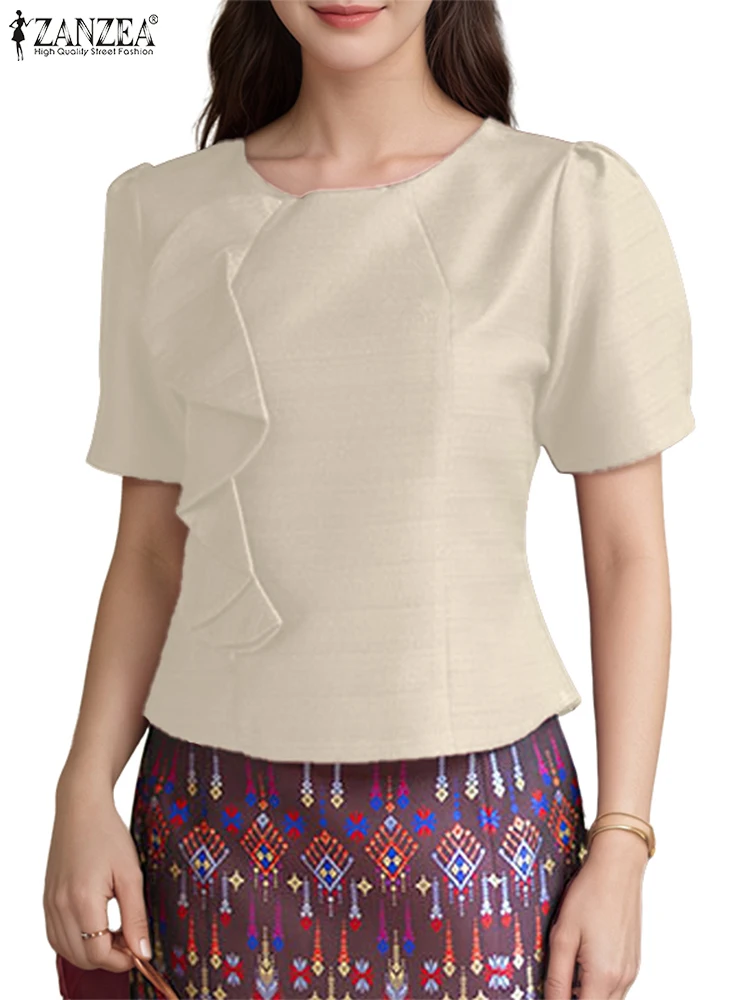 ZANZEA Women Elegant Ruffles Trim Blouses Summer 2025 Round Neck Short Puff Sleeve Blusas Mujer Office Wear Party Solid Tops