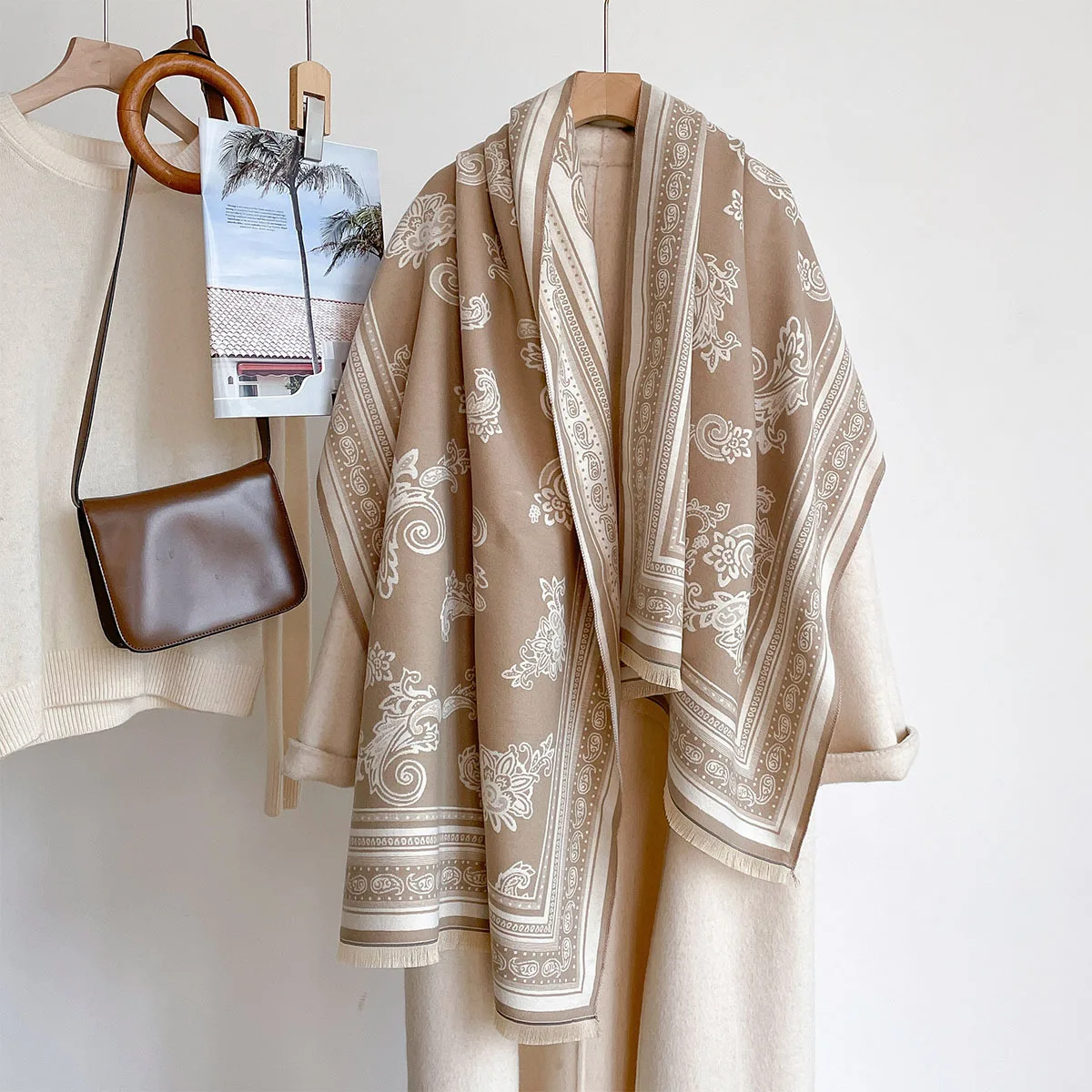 Women Faux Cashmere Double Sided Scarf Scroll Floral Border Print Fringe Long Wrap Scarf Soft Reversible Neck Shawl Elegant