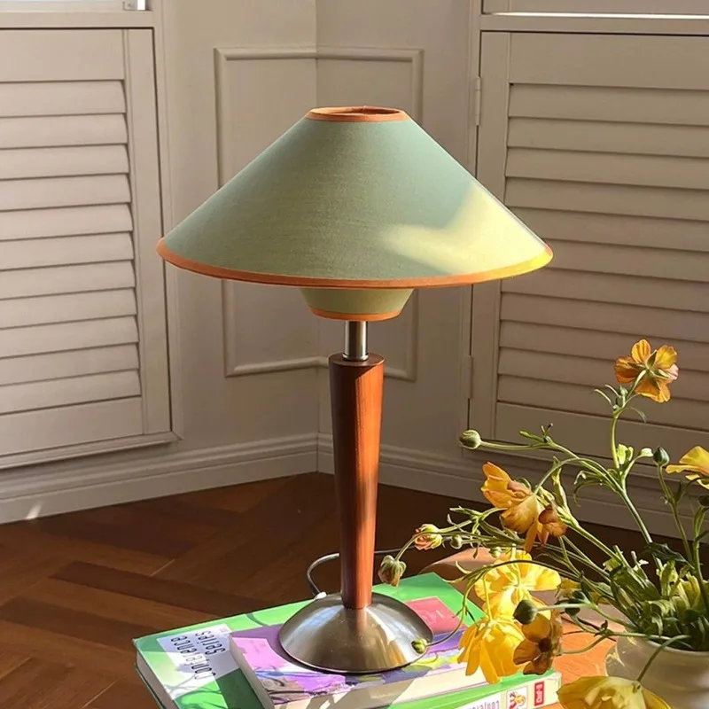 

French Wooden Iron Base Reading Table Lamps Taper Green/white Fabric Lampshade Living Room Bedroom Office Restaurant Desk Lights