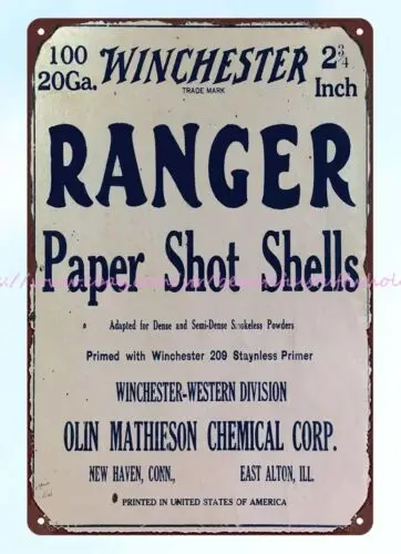 Winchester Ranger 20 Ga paper shot shells ammo hunting metal tin sign bar house