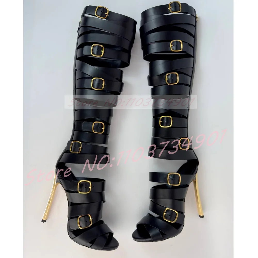 Gold Buckle Gladiator Stiletto Boots Women Multi Strappy Metal Heel Open Toe Sandal Boots Zipper Runway Retro High Heels Boot