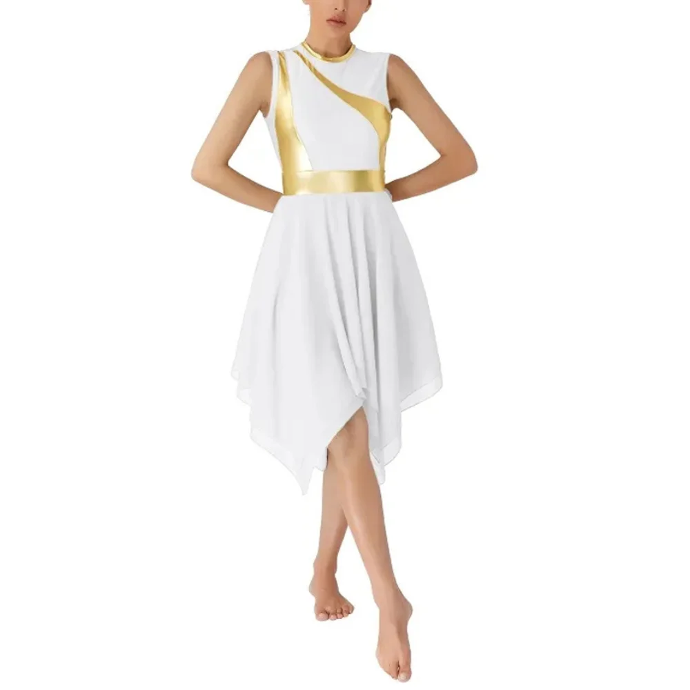 

Women's Sleeveless Zipper-Back Sequined Shimmering Asymmetrical Hem Solid-Color Chapel Dress for Cosplay Stage Performance