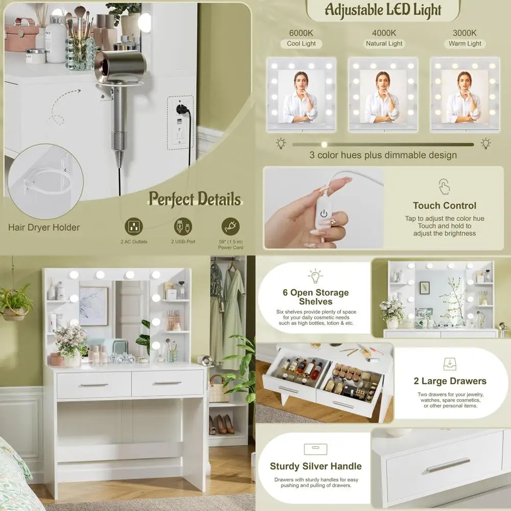 

Стол для макияжа с подсветкой, 2 ящиками, косметическим зеркалом, розеткой и держателем, 3-цветная регулируемая подсветка, белый