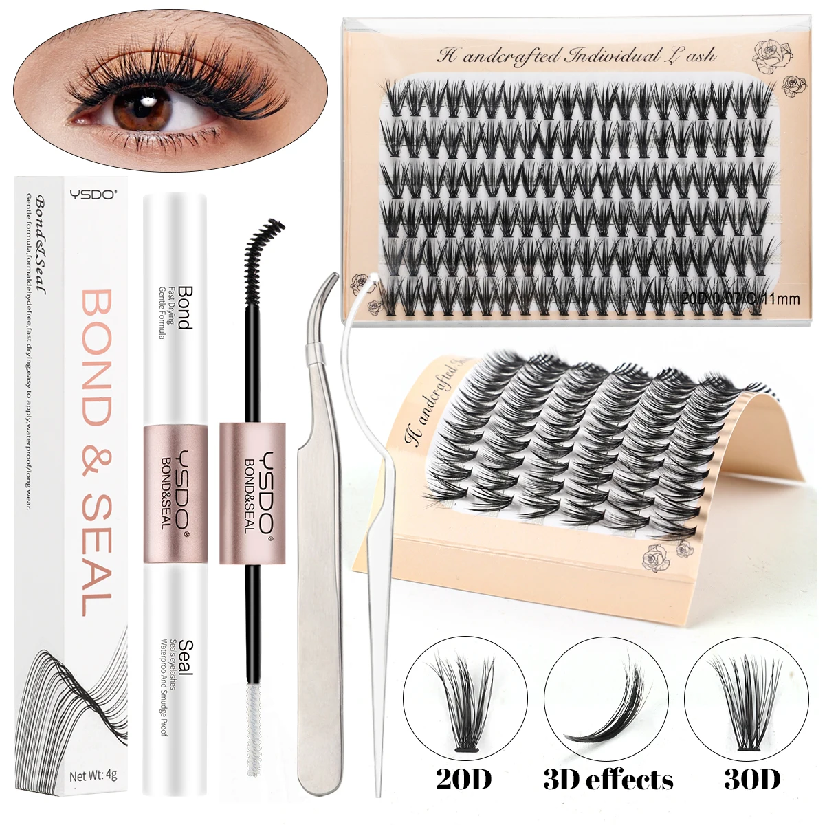 10D/20D/30D Gefälschte Wimpern Extensions Kit Lash Bond und Dichtung Falsche Wimpern Make-Up Set DIY Lange Wimpern Cluster Make-up-Tool