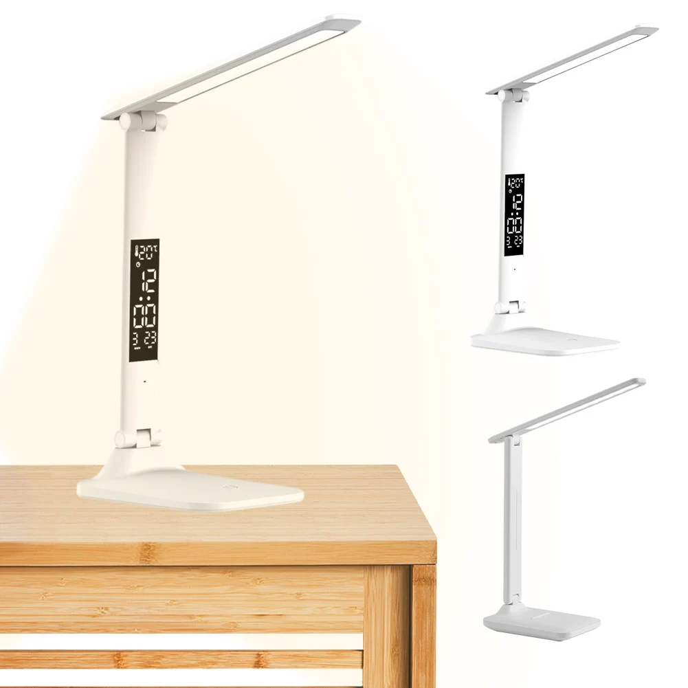 โคมไฟตั้งโต๊ะ LED 3 สีหรี่แสงได้โคมไฟศึกษาพับได้พร้อมนาฬิกาวันที่อุณหภูมิไฟตั้งโต๊ะสัมผัสโคมไฟหอพักสําหรับหอพักวิทยาลัย